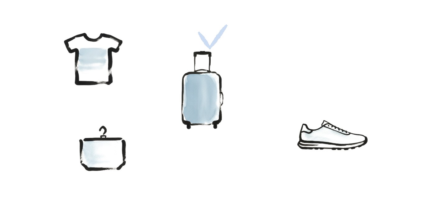 Watercolor sumi-e illustration of a travel suitcase with clothing items